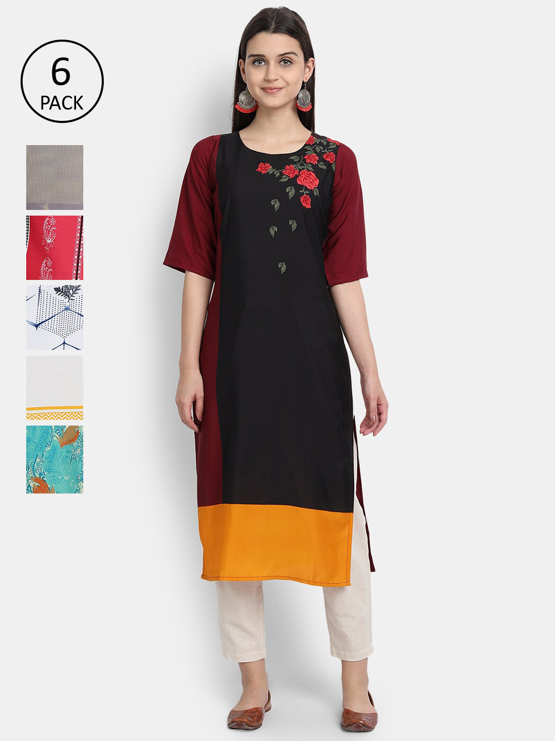 

7Threads Women Pack Of 6 Multicoloured Printed Crepe Kurtas, Multi