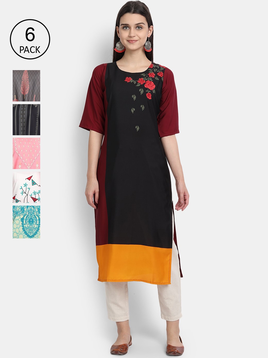 

7Threads Women Set of 6 Multi Printed Crepe Kurtas