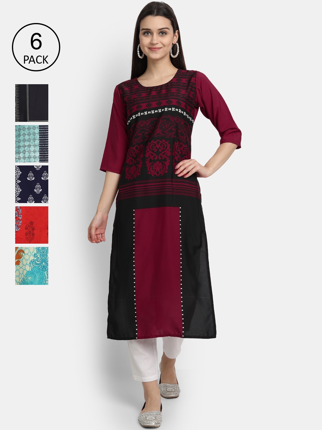

7Threads Women Pack Of 6 Ethnic Motifs Printed Crepe Kurta, Red