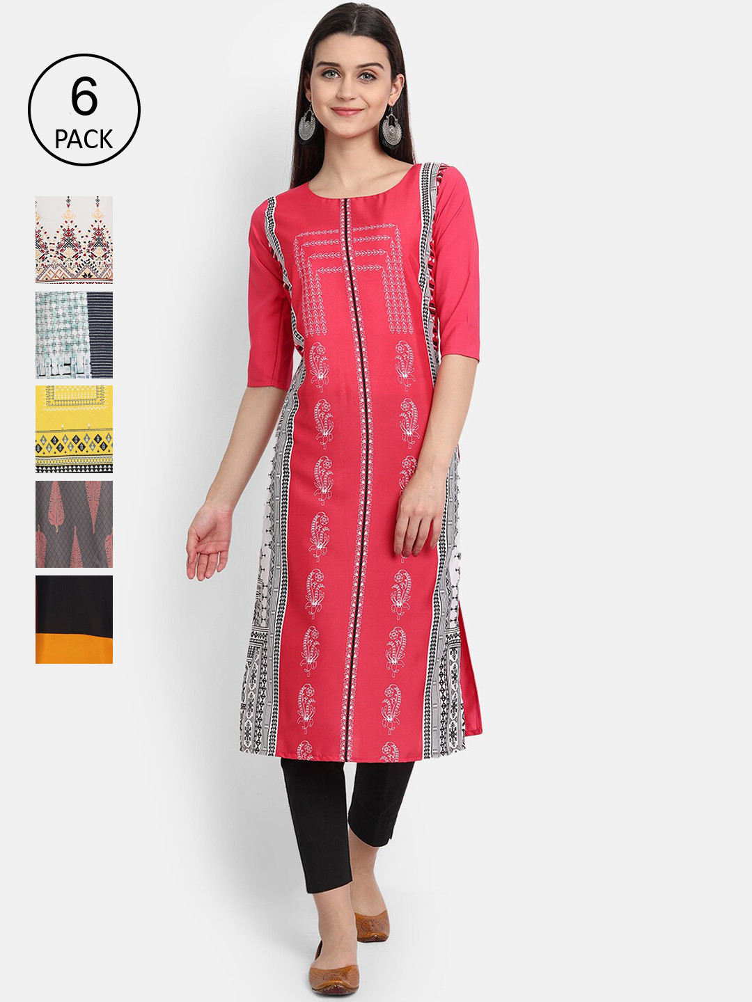 

7Threads Woman Pack of 6 Multicoloured Geometric Printed Cold-Shoulder Sleeves Crepe Kurta, Multi