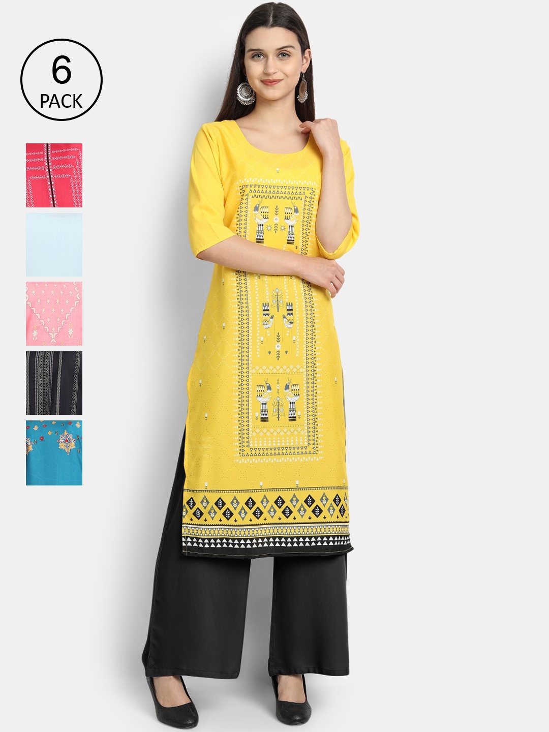 

7Threads Women Pack of 6 Ethnic Motifs Printed Crepe Kurta, Blue