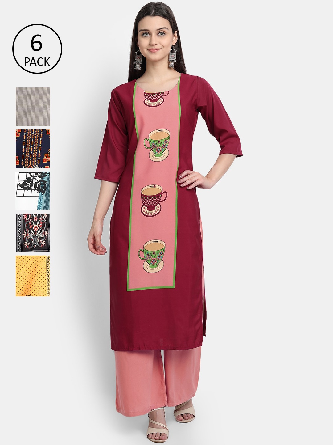 

7Threads Women Pack Of 6 Ethnic Motifs Printed Crepe Kurta, Pink