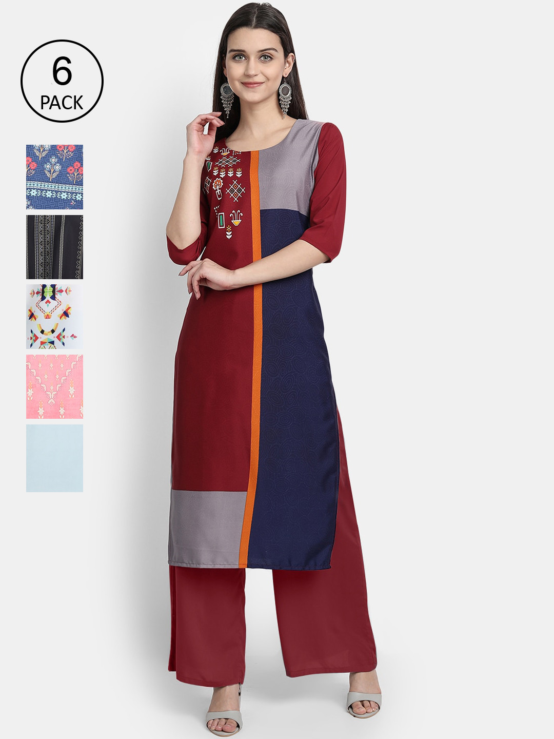 

7Threads Women Pack of 6 Ethnic Motifs Printed Crepe Kurta, Blue