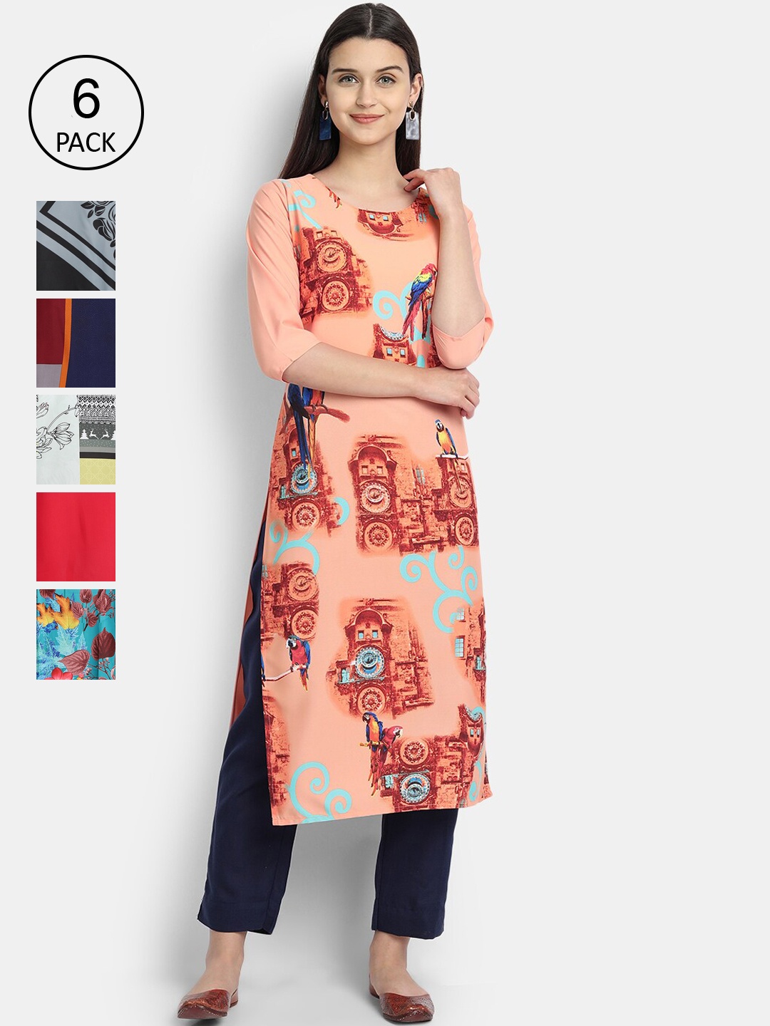 

7Threads Women Pack of 6 Multicoloured Printed Straight Crepe Kurtas, Multi