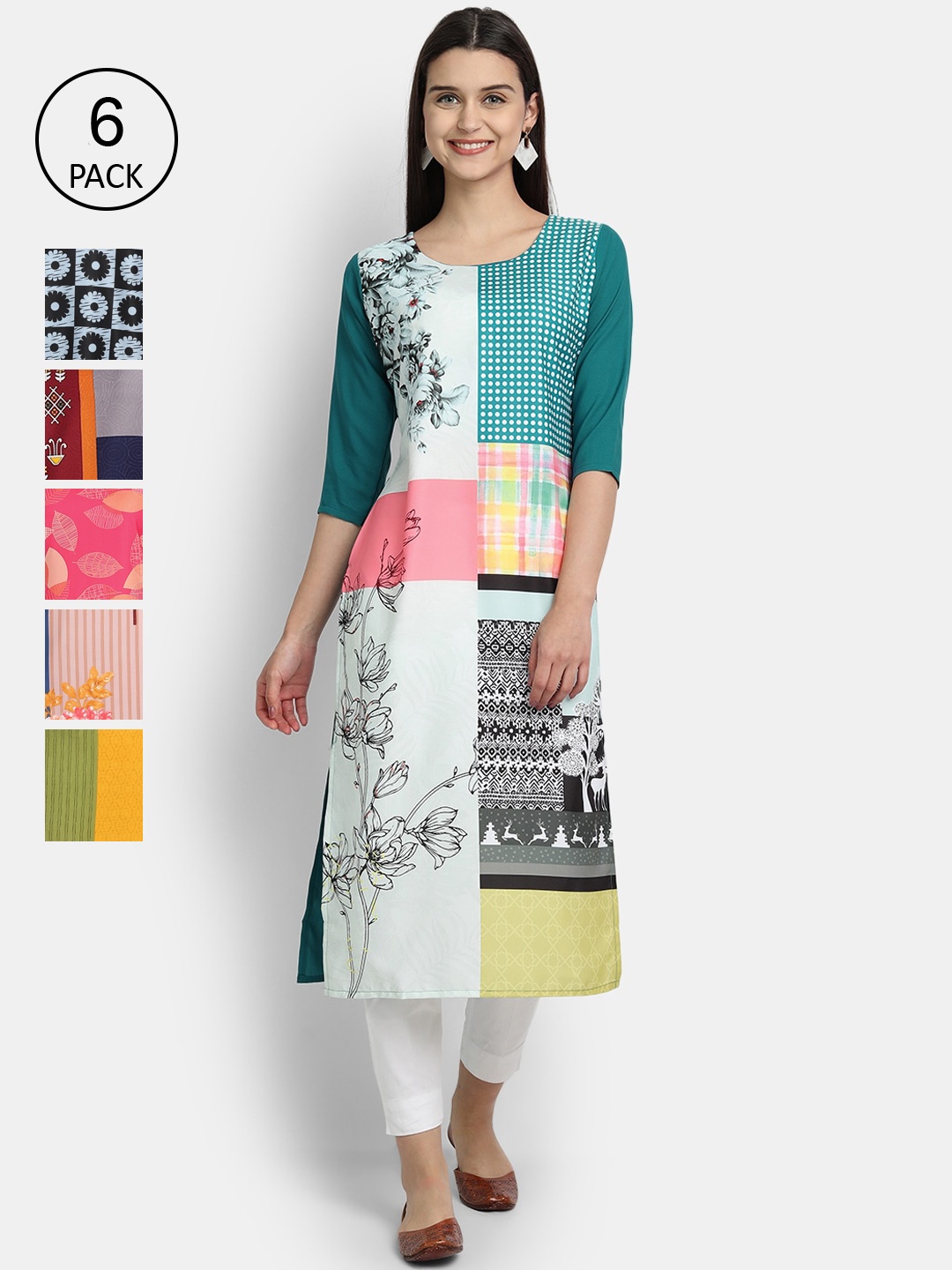 

7Threads Woman Pack of 6 Multicoloured Floral Printed Crepe Kurta, Multi