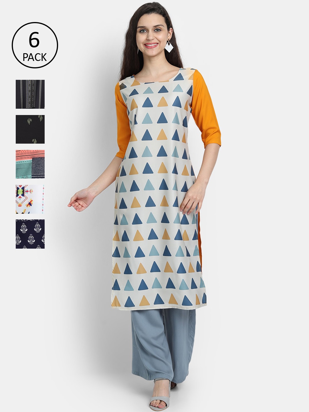 

7Threads Women Pack Of 6 Ethnic Motifs Printed Crepe Kurta, White