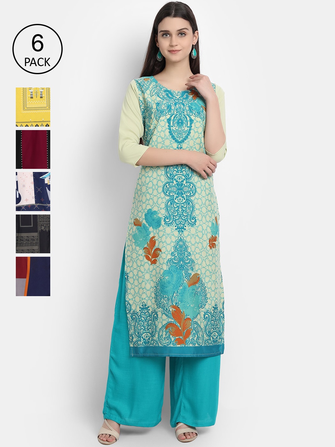 

7Threads Women Pack of 6 Floral Printed Crepe Kurta, Blue