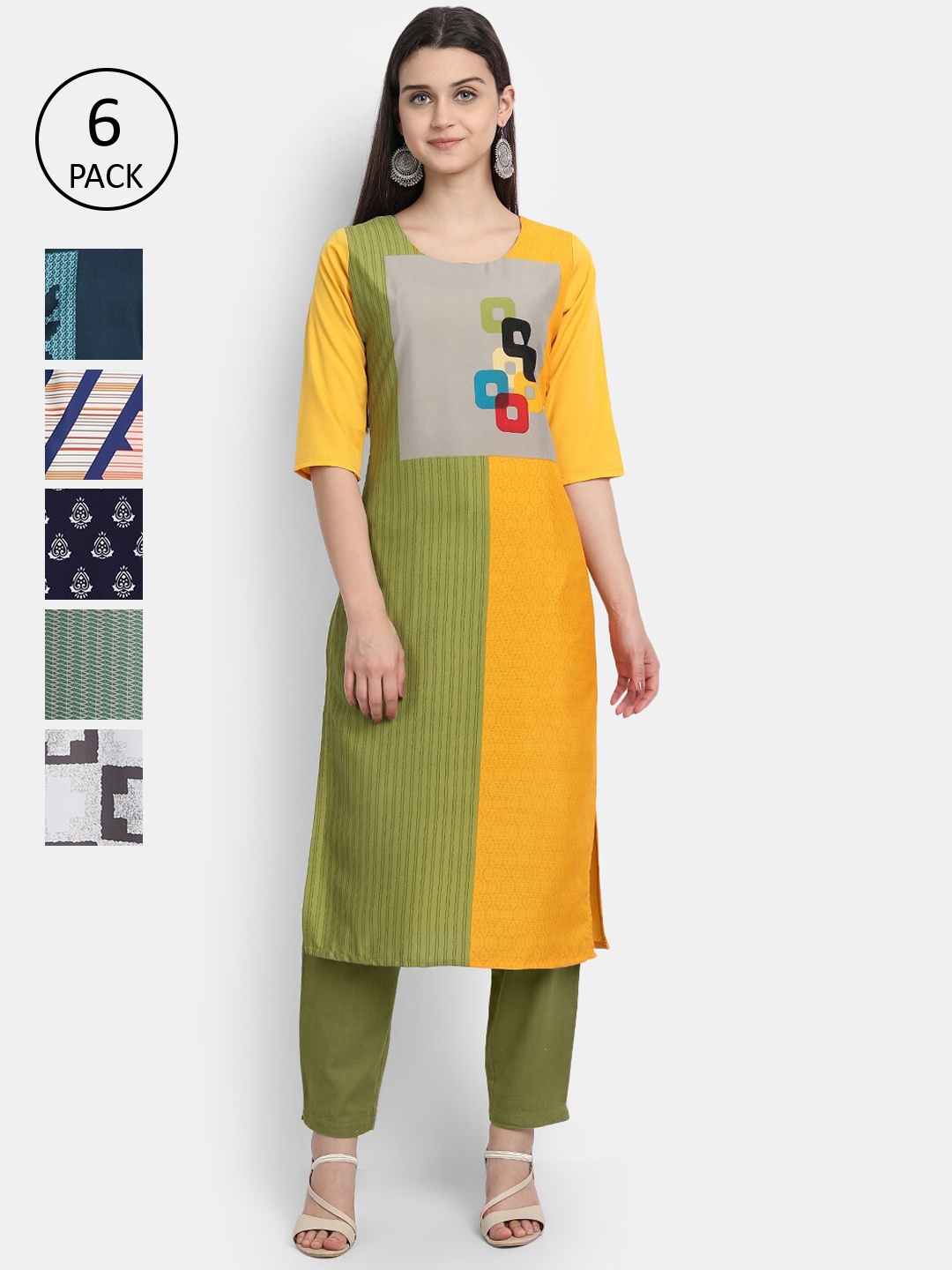 

7Threads Women Pack of 6 Multicoloured Printed Floral Crepe Straight Kurta, Multi