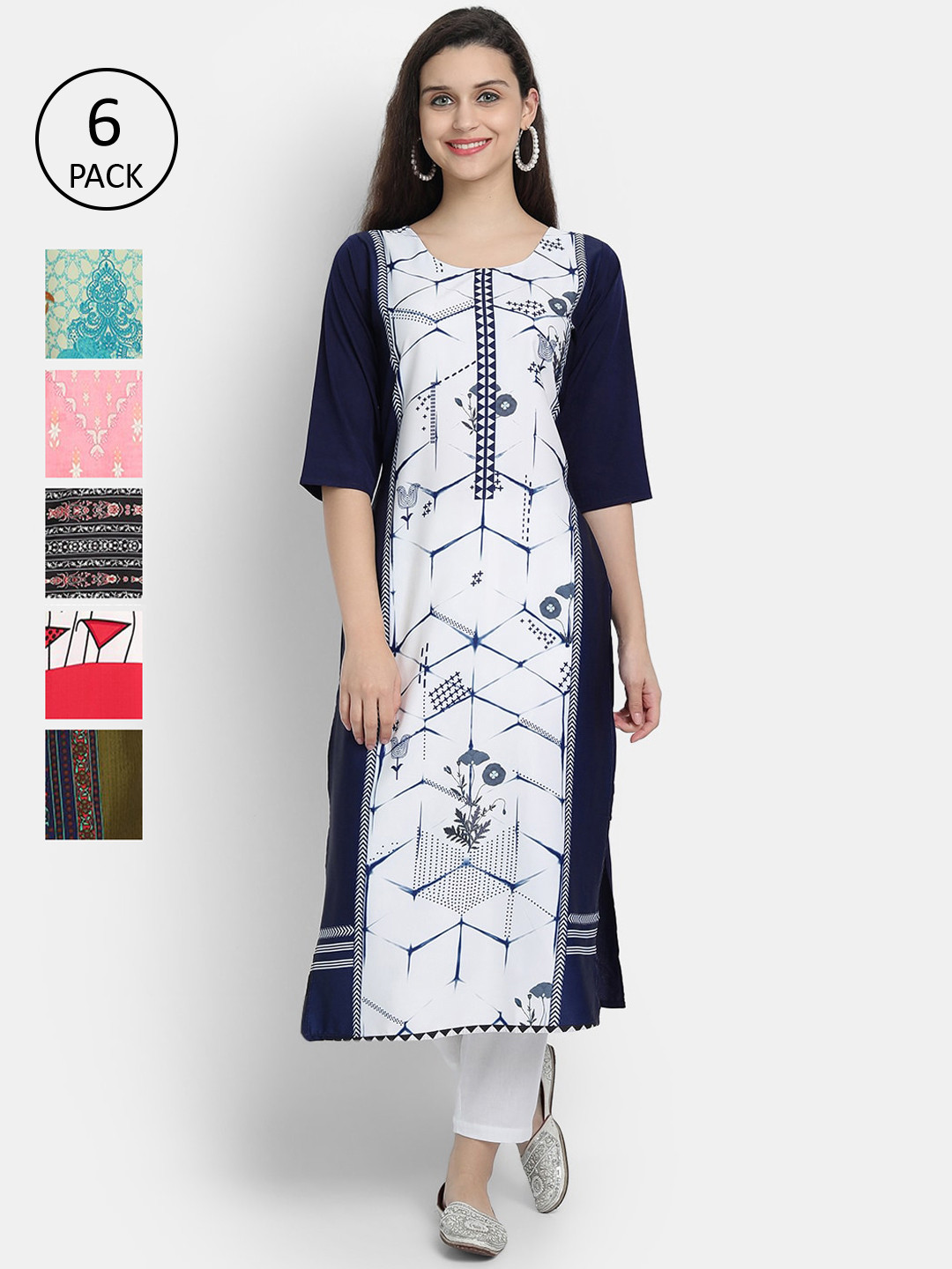 

7Threads Women Pack Of 6 Printed Crepe Kurta, White