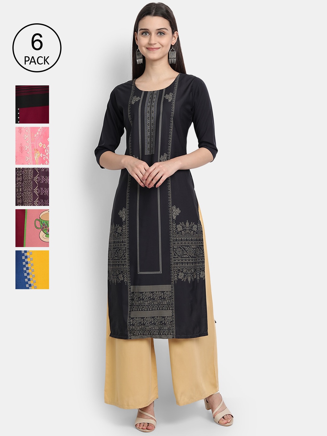

7Threads Women Multicoloured Geometric Striped Thread Work Crepe Kurta, Multi