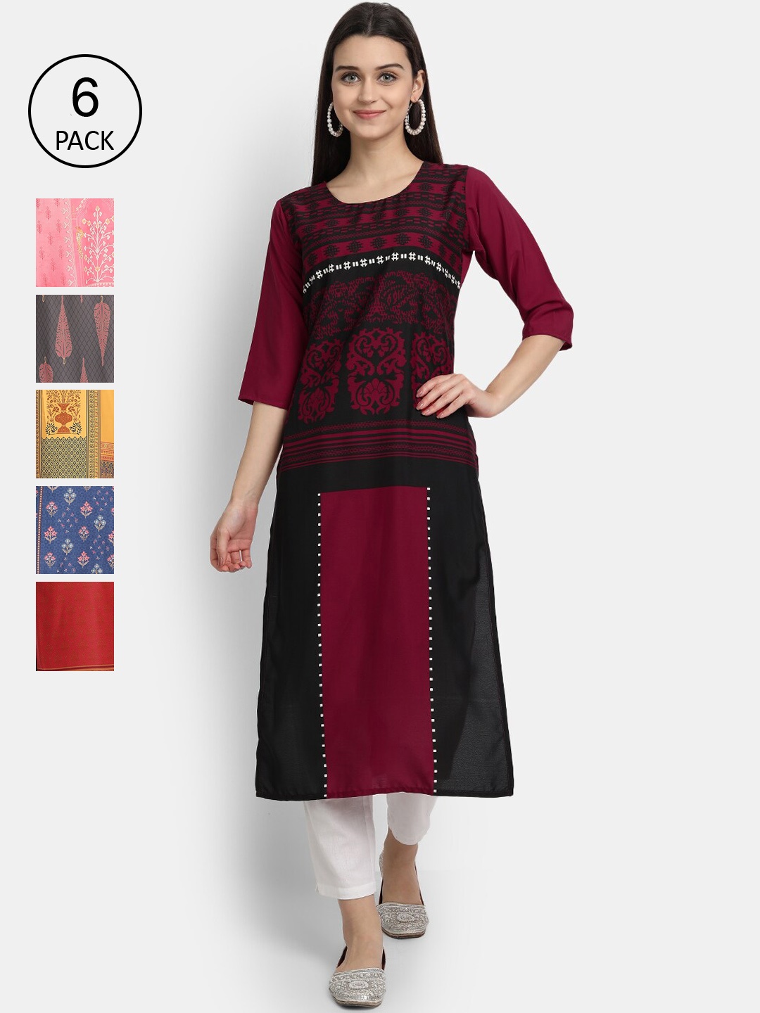 

7Threads Women Pack Of 6 Multicoloured Ethnic Motifs Printed Crepe Kurta, Multi