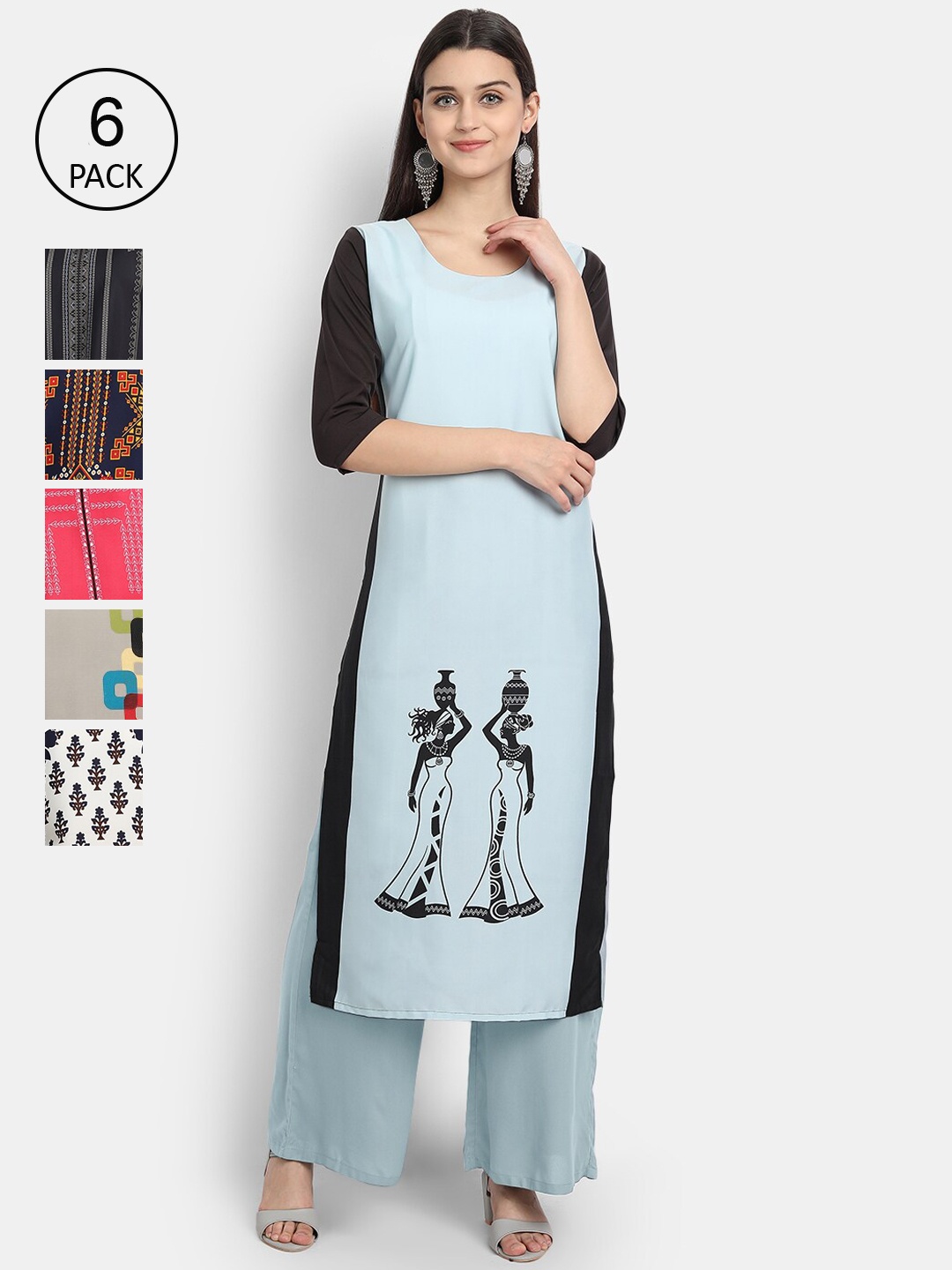 

7Threads Women Pack Of 6 Multicoloured Geometric Striped Thread Work Crepe Kurta, Multi