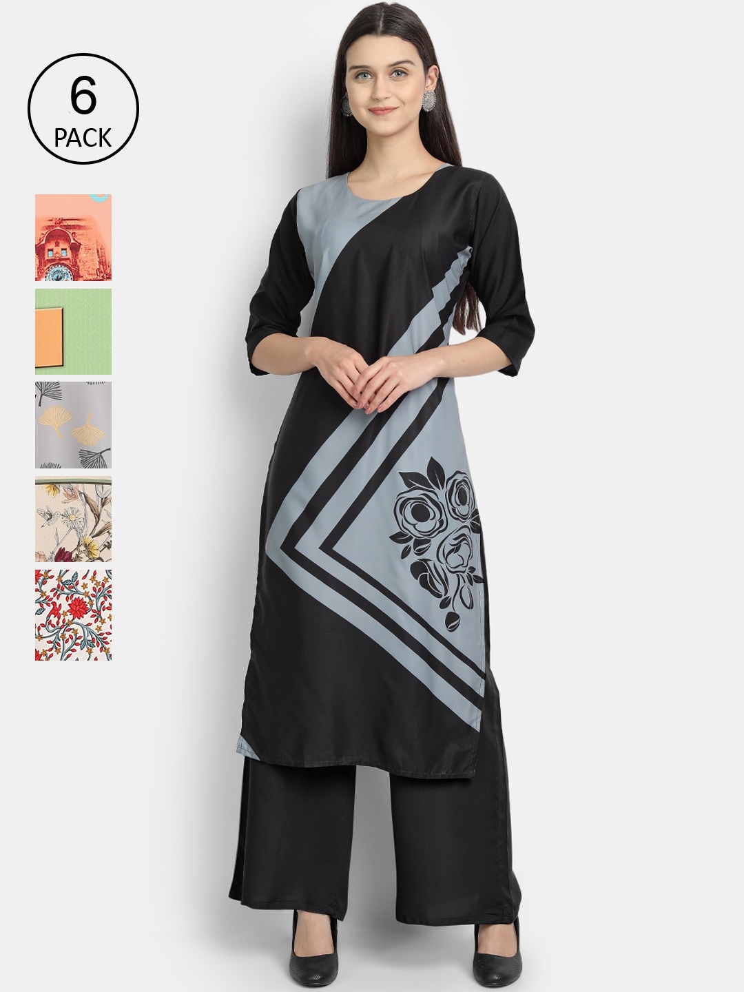 

7Threads Women Pack of 6 Multicoloured Printed Straight Crepe Kurtas, Multi