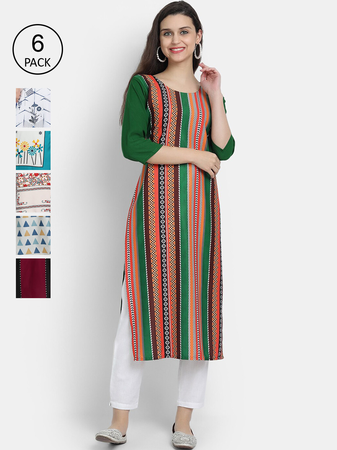 

7Threads Women Pack Of 6 Ethnic Motifs Printed Crepe Kurta, Red