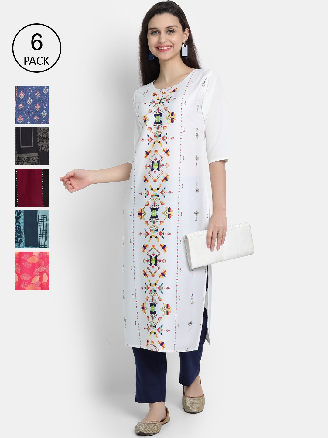 

7Threads Women Pack of 6 Floral Printed Crepe Kurta, Maroon