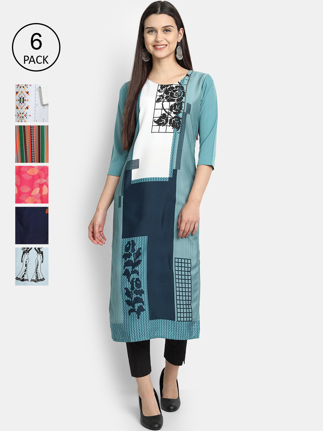 

7Threads Women Pack Of 6 Printed Crepe Kurtas, Green