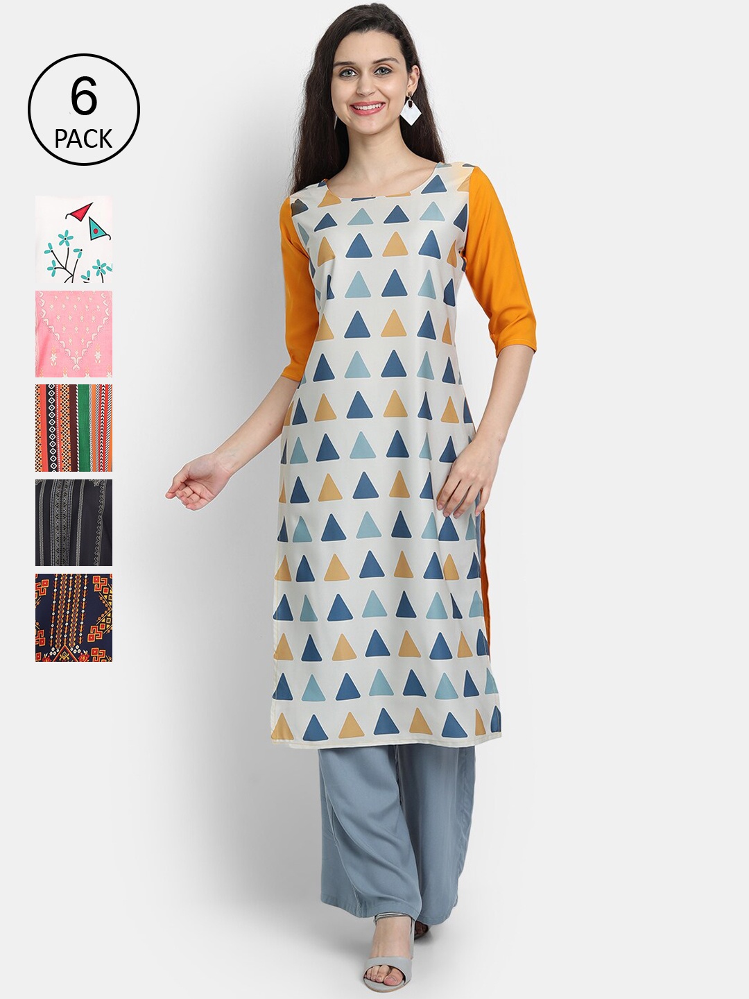 

7Threads Women Set of 6 Multi Printed Crepe Kurtas