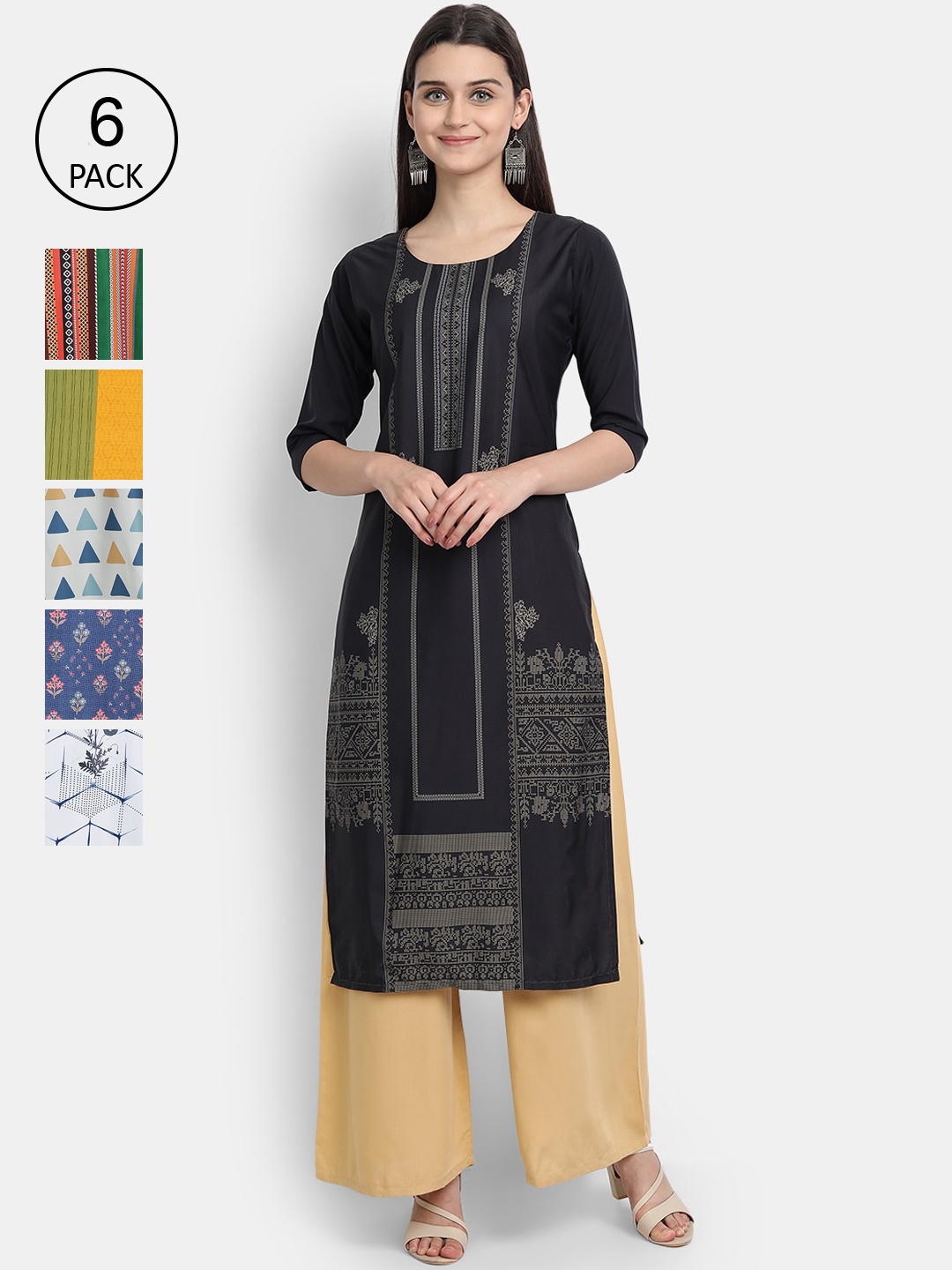 

7Threads Women Pack of 6 Printed Crepe Kurta, Multi