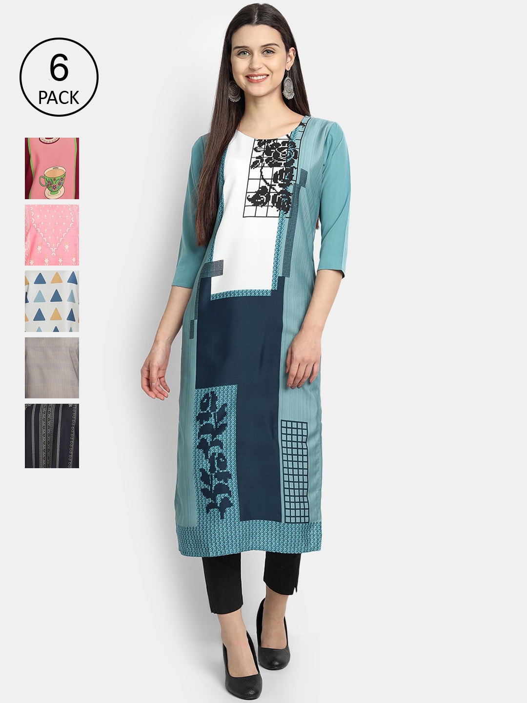 

7Threads Women Pack of 6 Ethnic Motifs Printed Crepe Kurta, Blue
