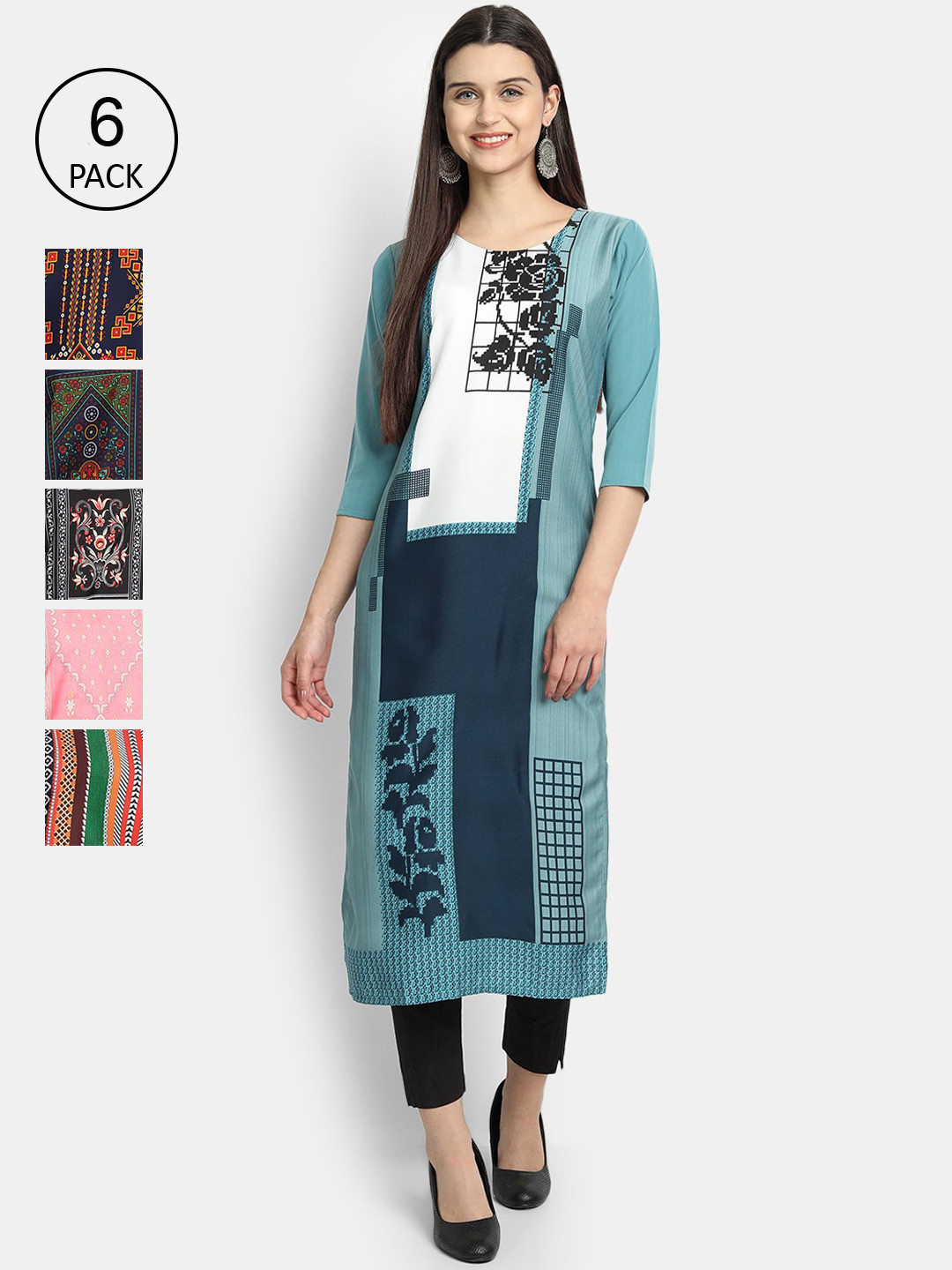 

7Threads Women Pack Of 6 Printed Crepe Kurta, Blue