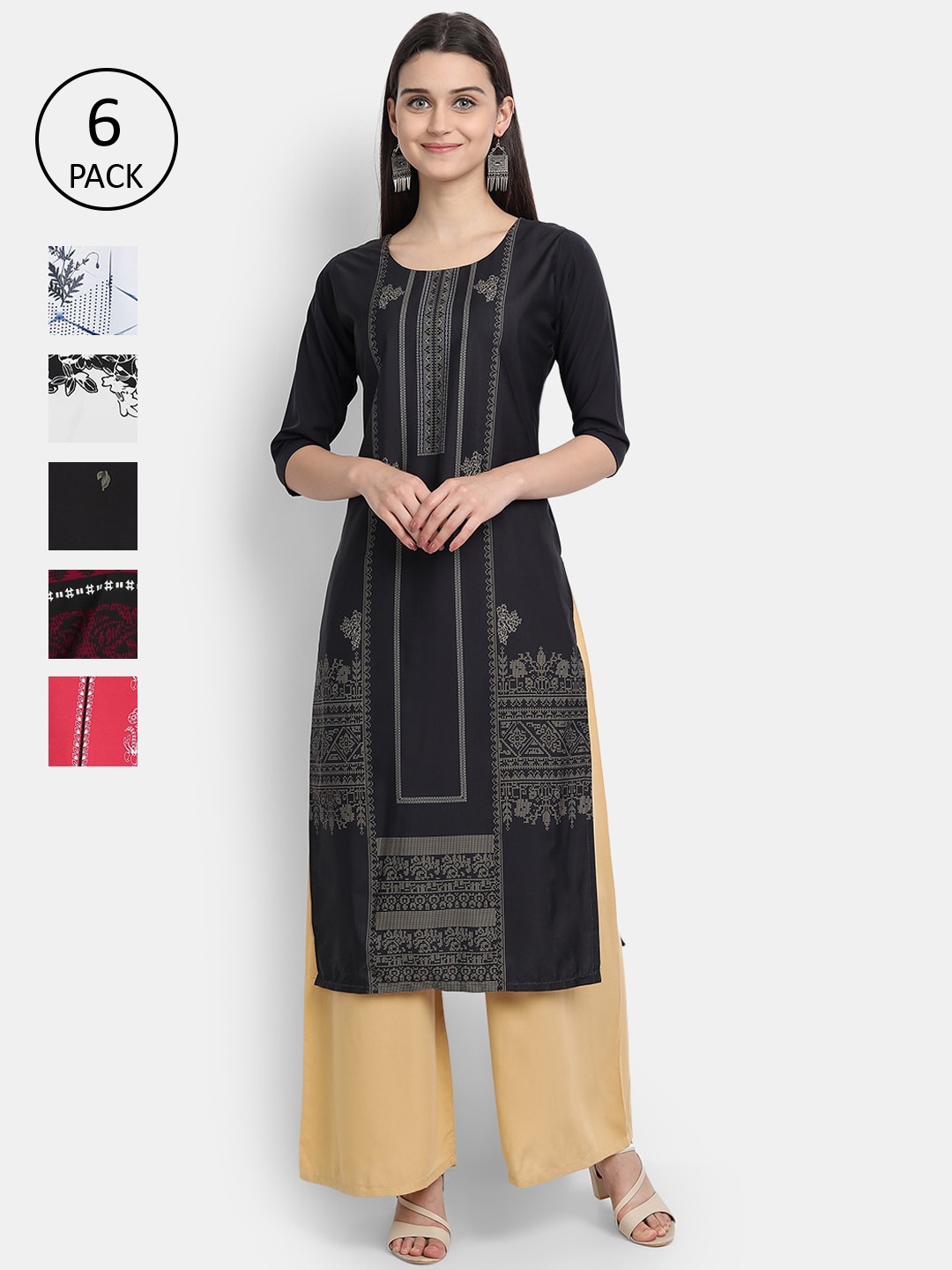 

7Threads Women Pack Of 6 Printed Crepe Kurta, Blue