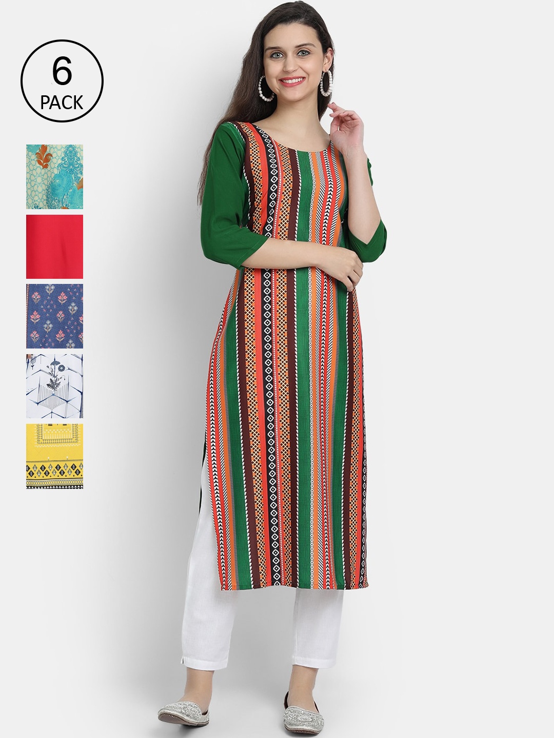 

7Threads Woman Pack of 6 Multicoloured Printed Crepe Kurta, Multi