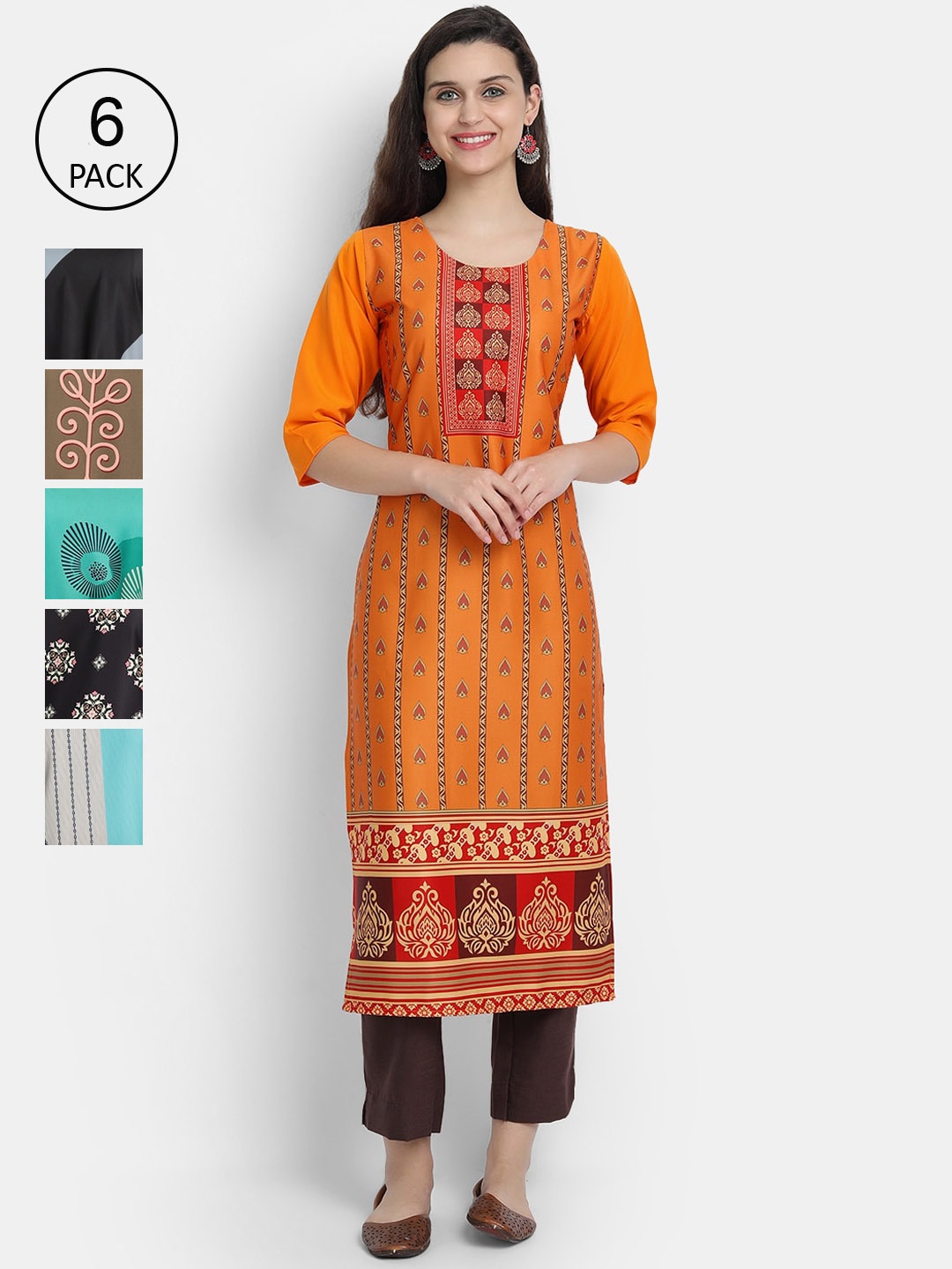 

7Threads Women Pack of 6 Printed Crepe Kurta, Multi