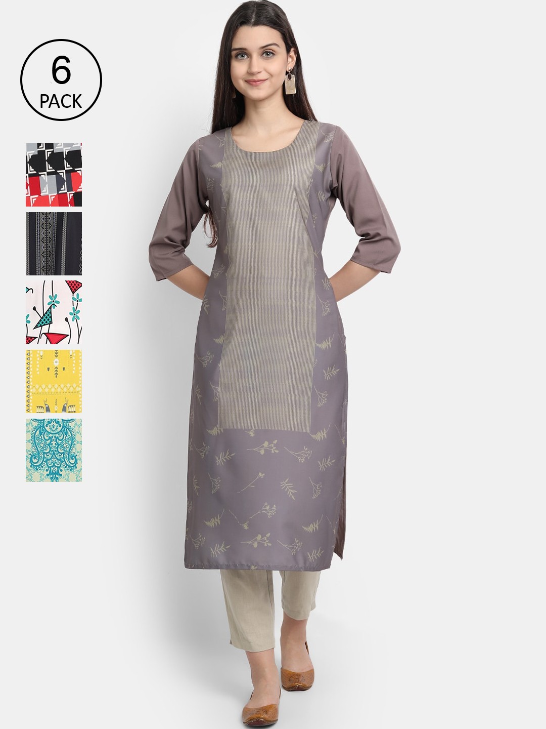 

7Threads Women Pack of 6 Printed Crepe Kurta, Multi