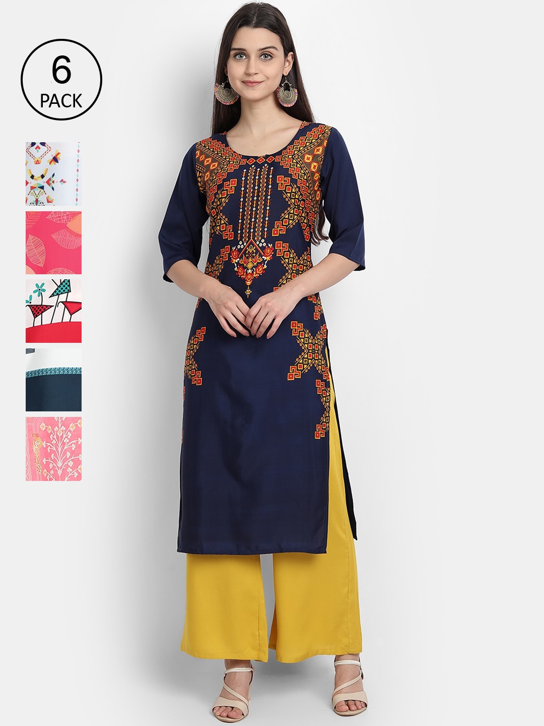 

7Threads Woman Pack of 6 Multicoloured Floral Printed Crepe Kurta, Multi