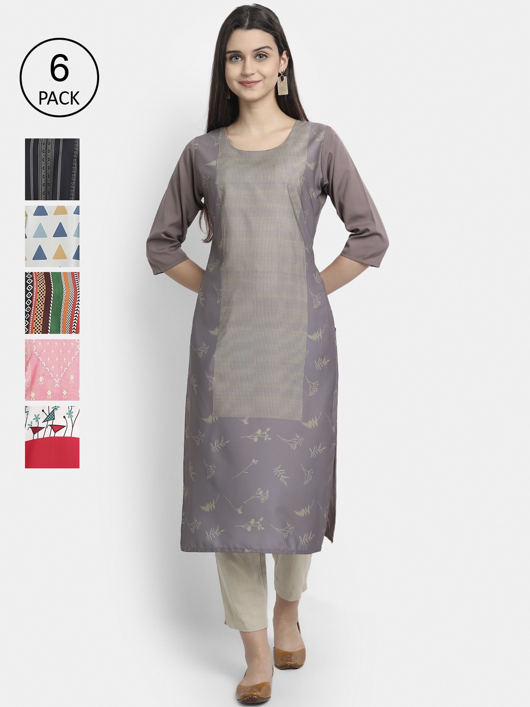 

7Threads Women Pack of 6 Ethnic Motifs Printed Crepe Kurta, Grey