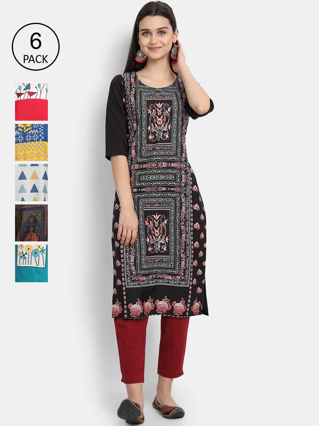 

7Threads Women Pack Of 6 Ethnic Motifs Printed Crepe Kurta, Black