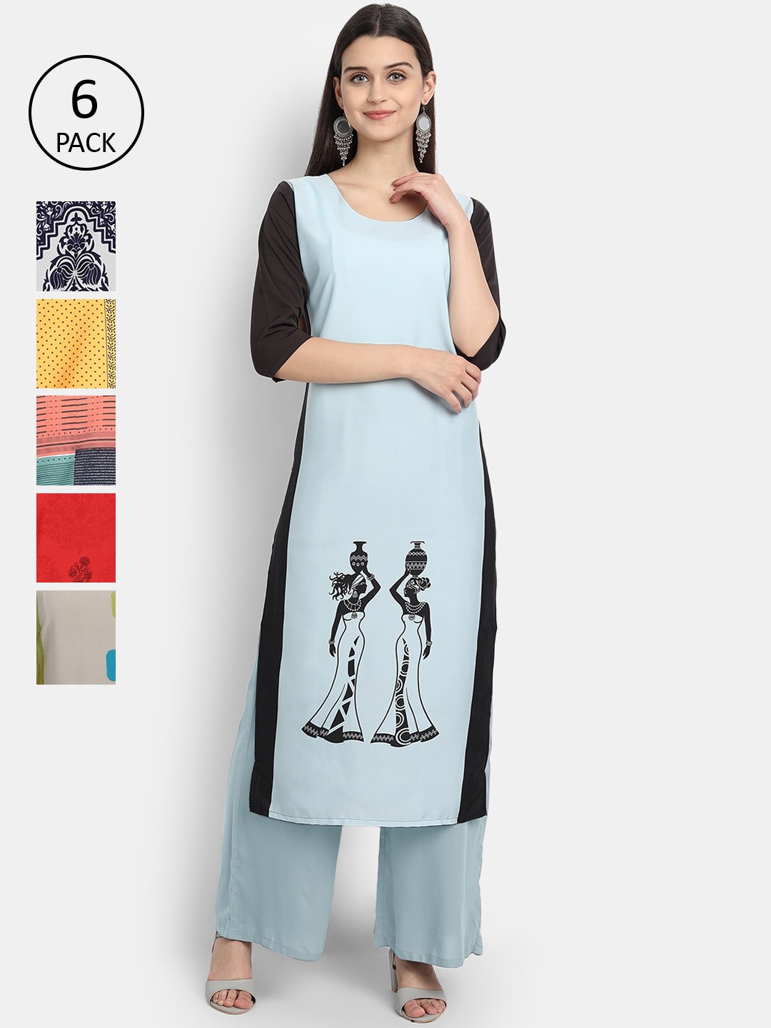 

7Threads Women Pack of 6 Multicoloured Printed Straight Crepe Kurtas, Multi