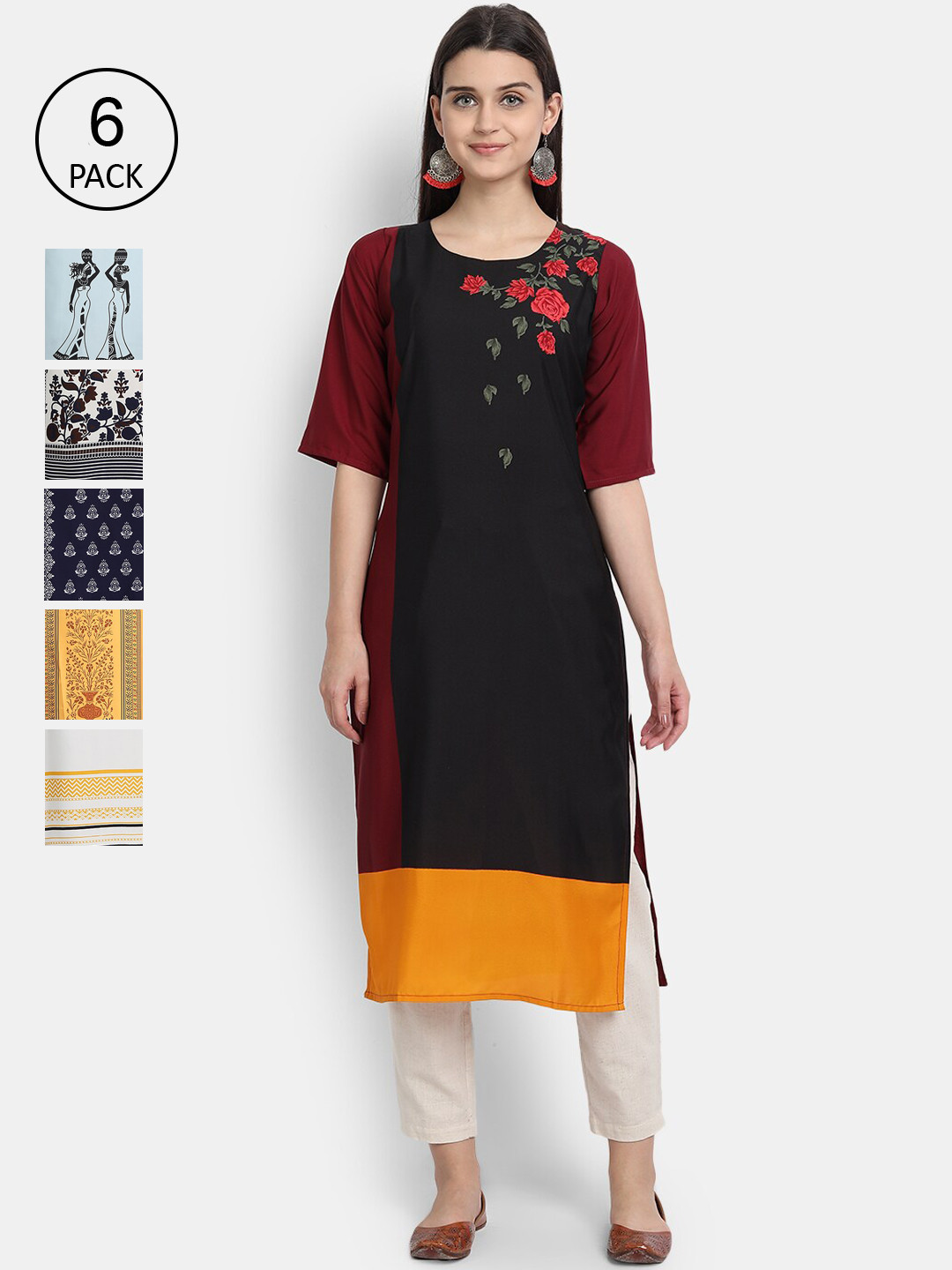 

7Threads Women Pack of 6 Multicoloured Printed Floral Crepe Straight Kurta, Multi