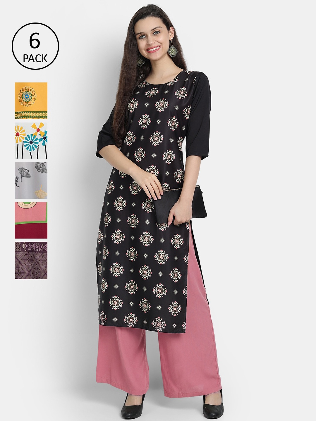 

7Threads Women Pack of 6 Printed Crepe Kurta, Multi