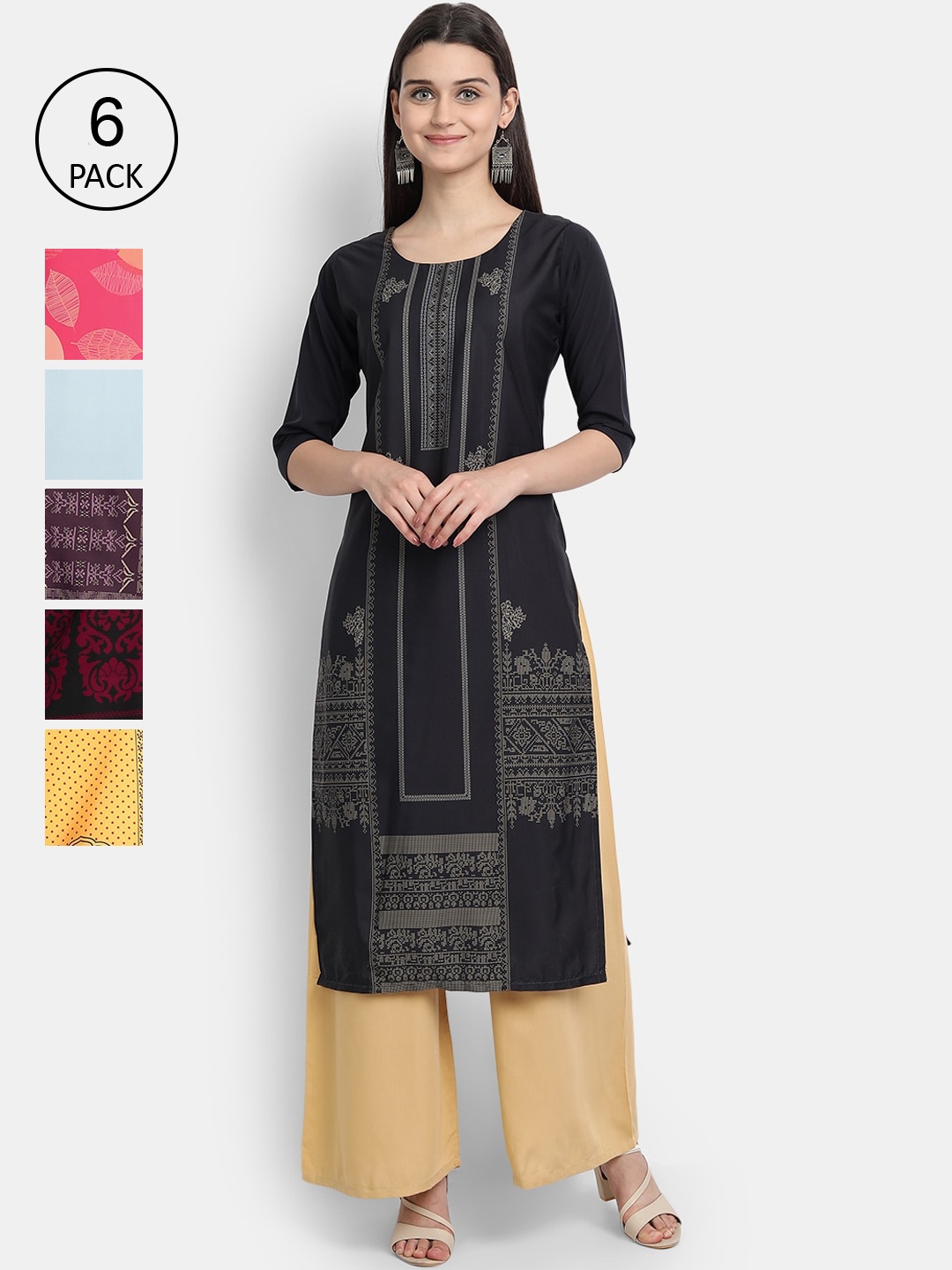

7Threads Women Pack Of 6 Printed Straight Kurta, Multi
