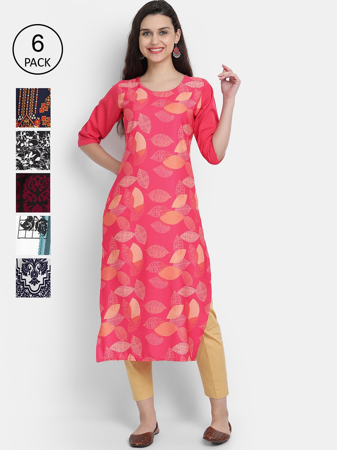 

7Threads Women Pack Of 6 Printed Crepe Kurta, Pink