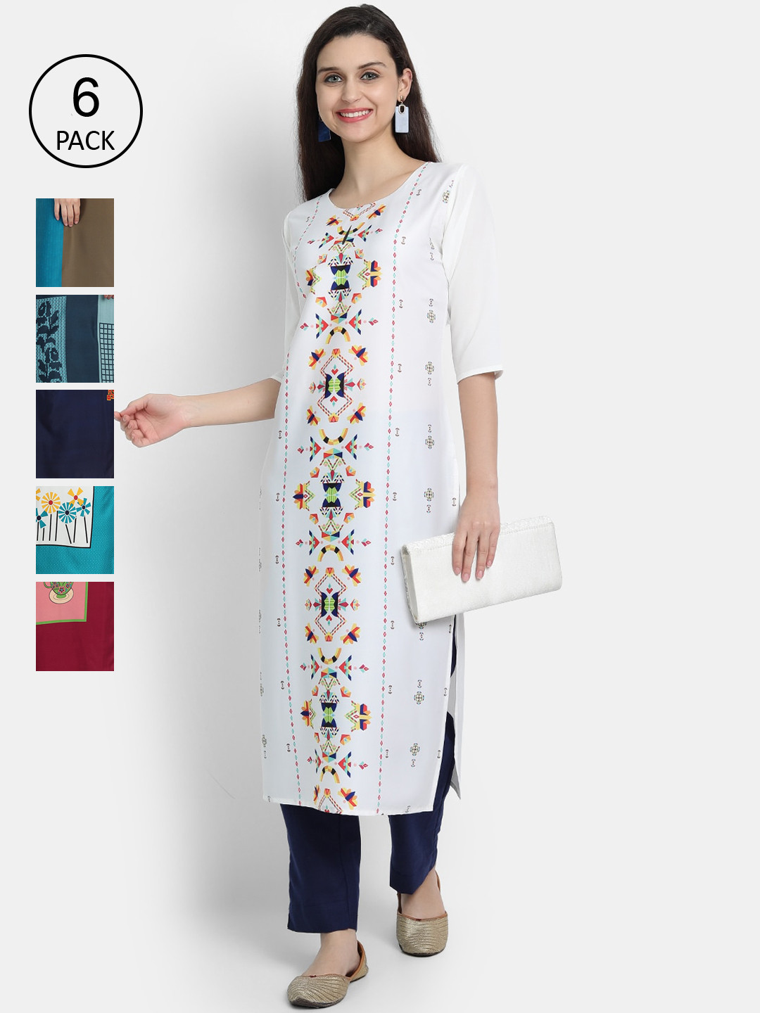 

7Threads Women Pack of 6 Floral Printed Crepe Kurta, White