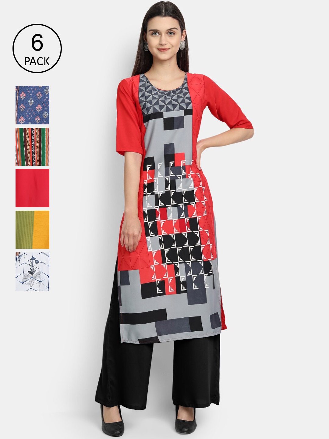 

7Threads Women Pack Of 6 Multicoloured Crepe Kurta, Multi