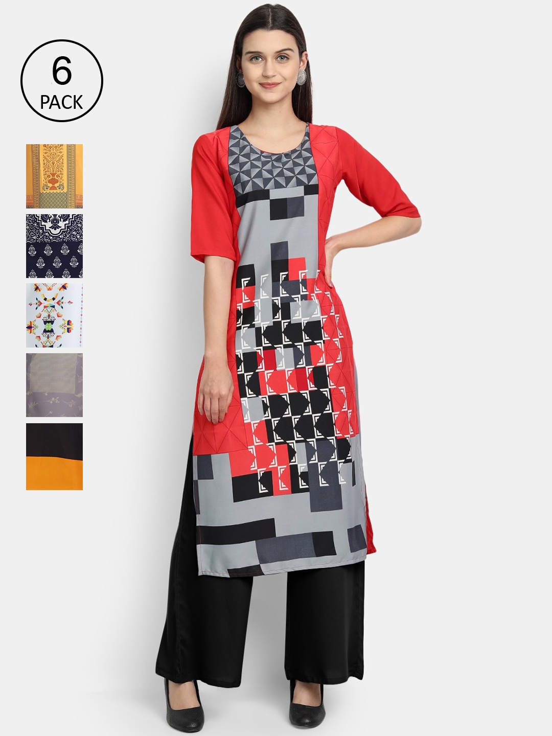 

7Threads Women Pack Of 6 Printed Straight Kurta, Multi