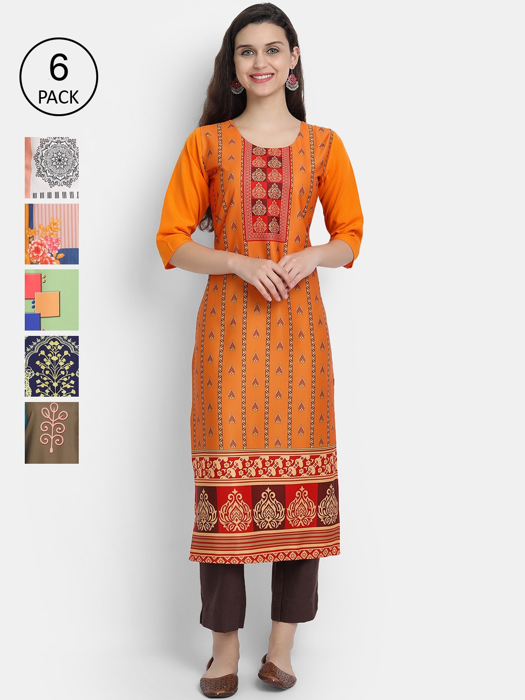

7Threads Women Pack Of 6 Printed Crepe Kurta, Orange