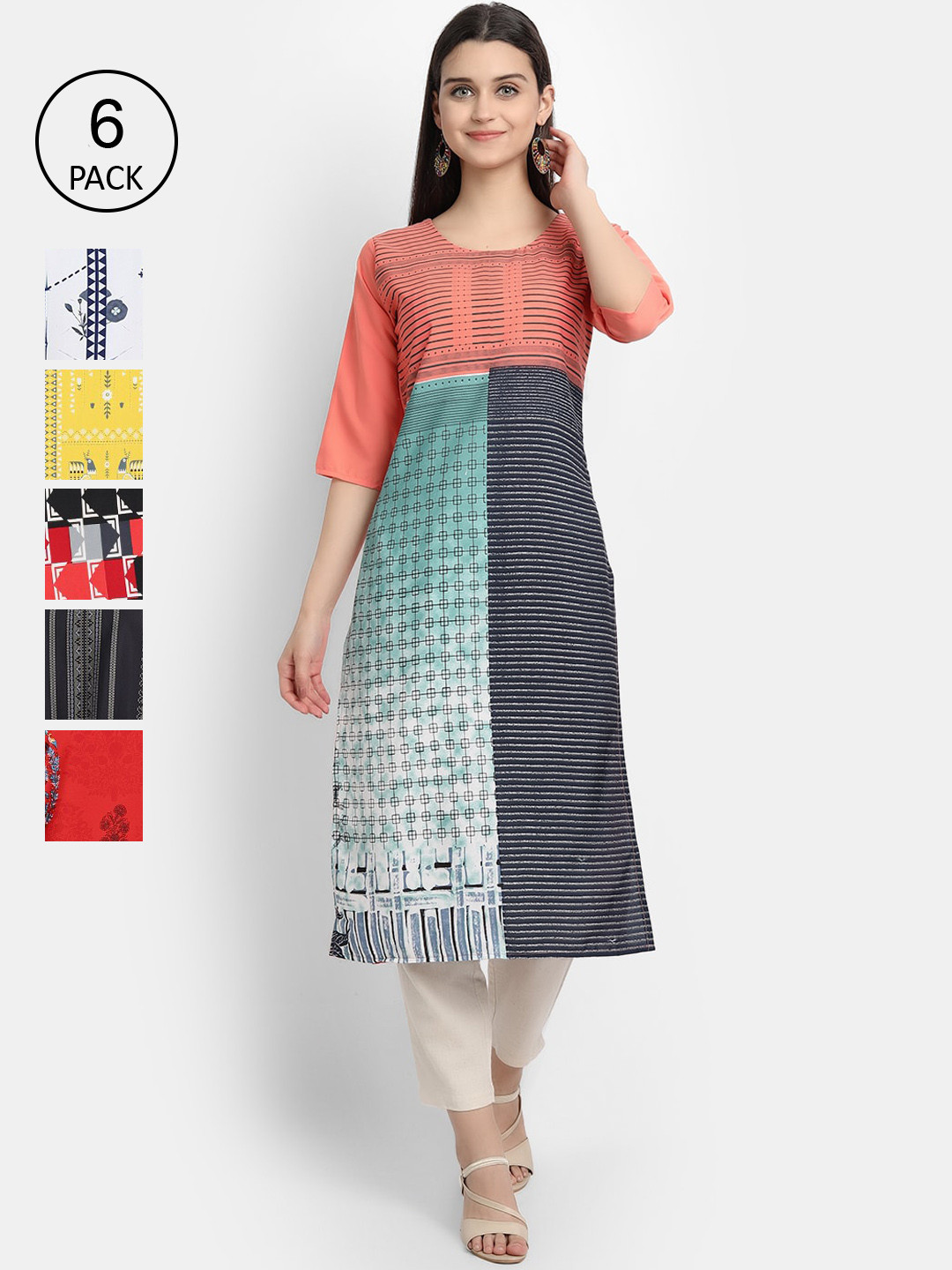 

7Threads Women Pack Of 6 Multicoloured Printed Crepe Kurta, Multi