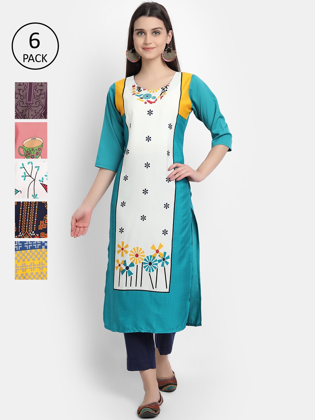 

7Threads Women Pack Of 6 Printed Crepe Kurta, Blue