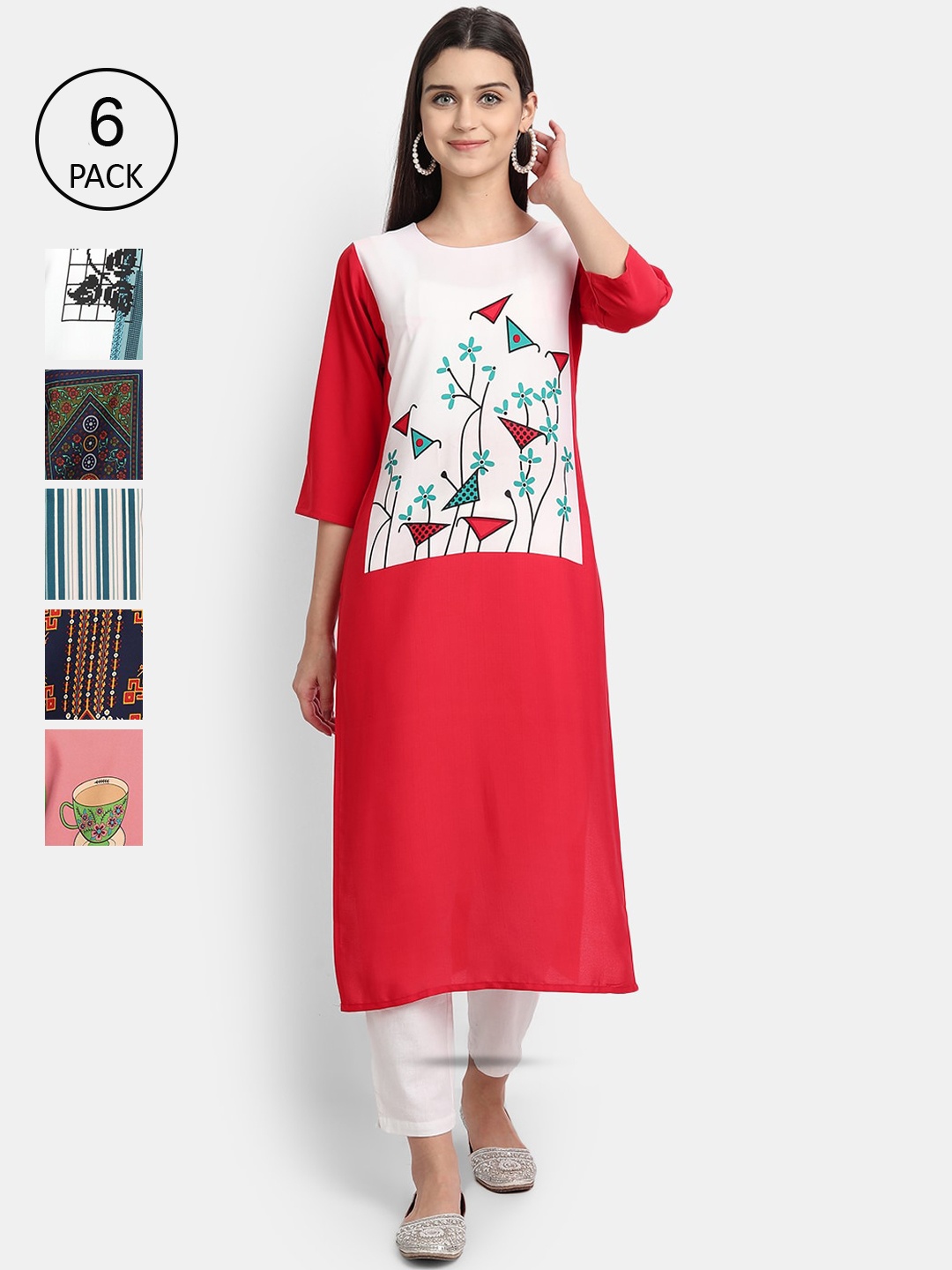 

7Threads Women Pack Of 6 Printed Crepe Kurta, White