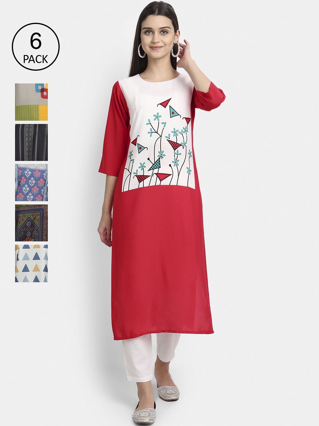 

7Threads Women Pack of 6 Multicoloured Floral Printed Thread Work Crepe Kurta, Multi