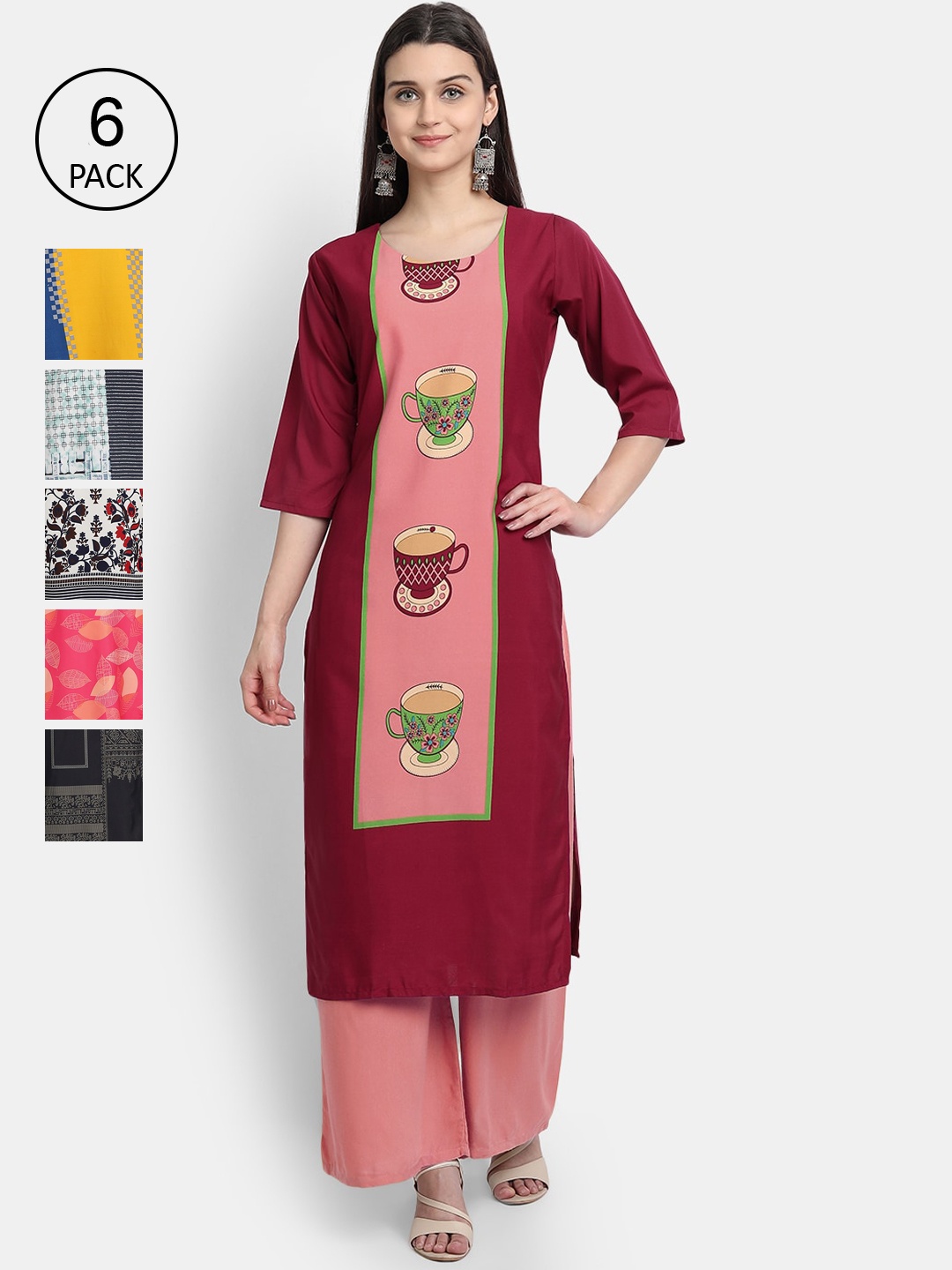 

7Threads Women Pack Of 6 Multicoloured Ethnic Motifs Crepe Kurta, Multi