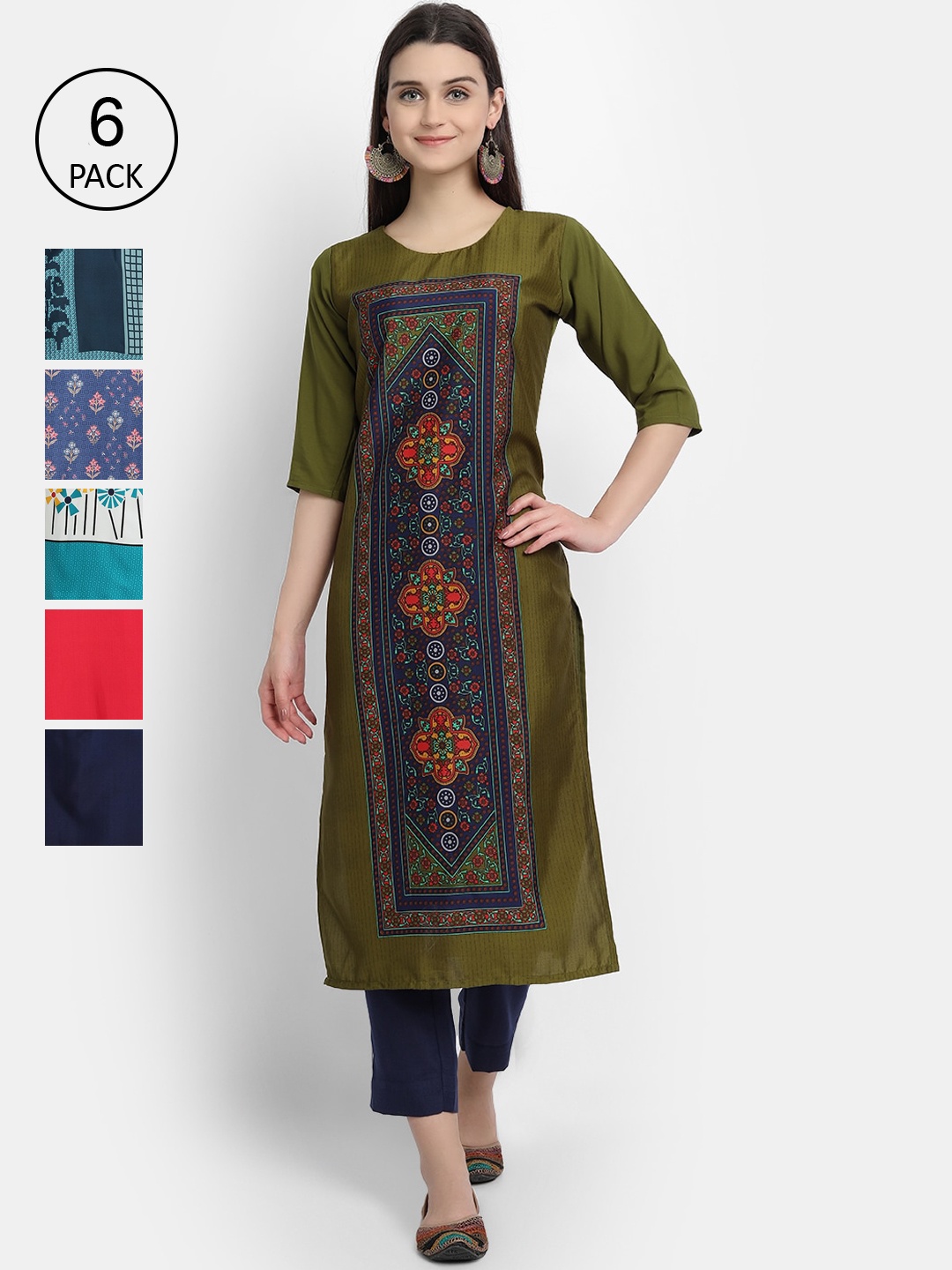 

7Threads Women Pack of 6 Multicoloured Printed Straight Crepe Kurtas, Multi