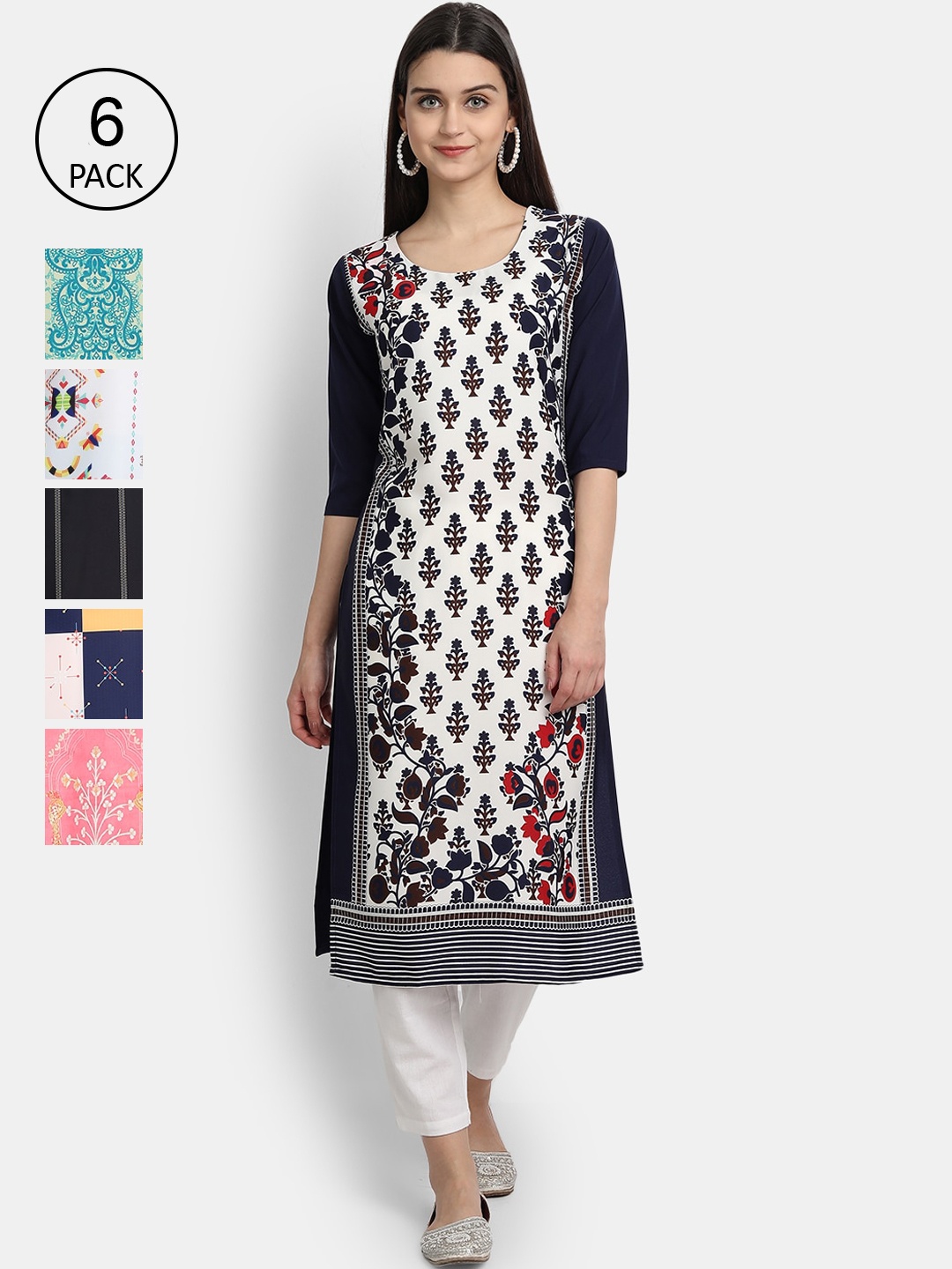 

7Threads Women Pack of 6 Ethnic Motifs Printed Crepe Kurta, Blue