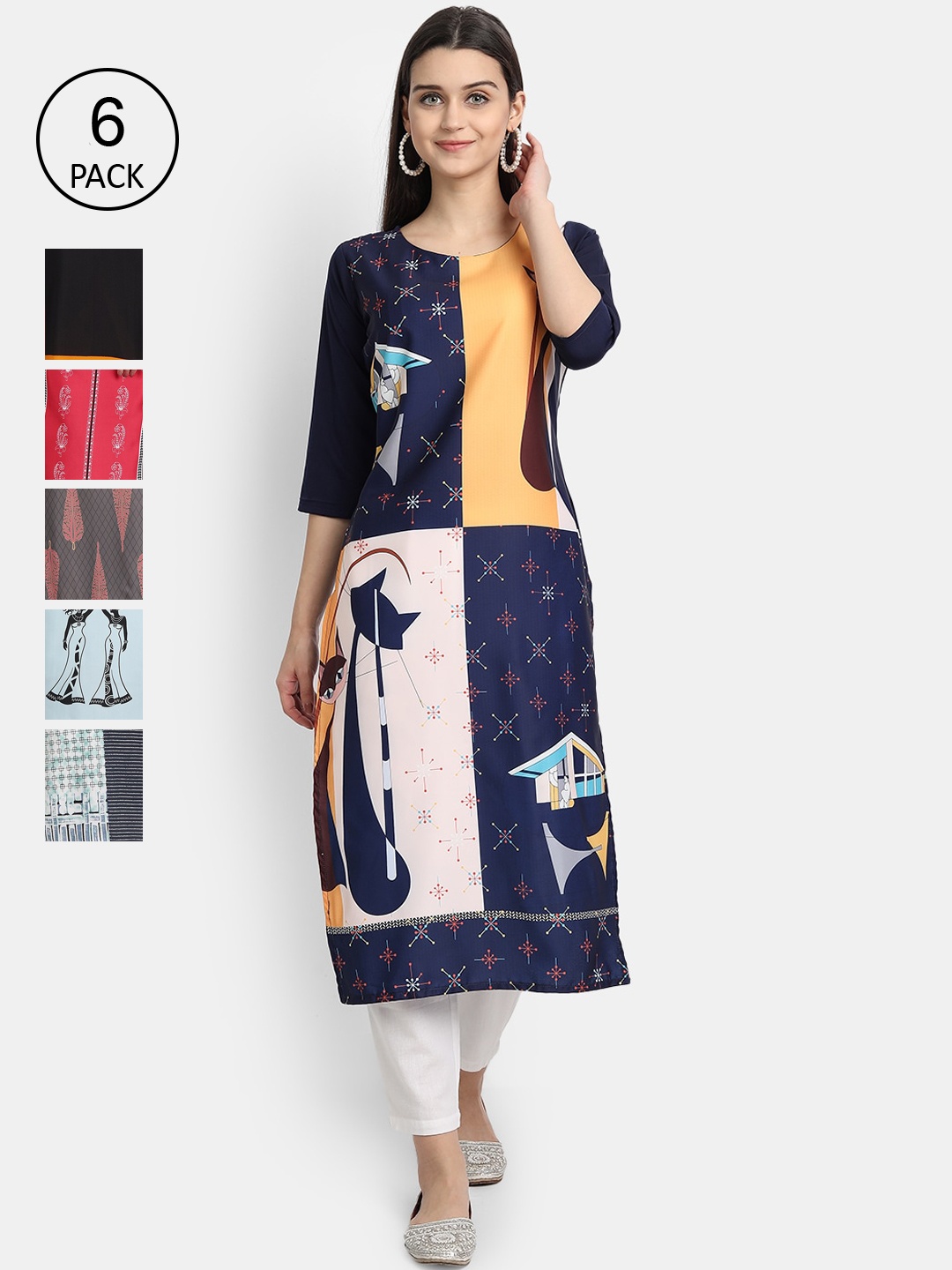 

7Threads Women Pack Of 6 Printed Crepe Kurtas, Navy blue