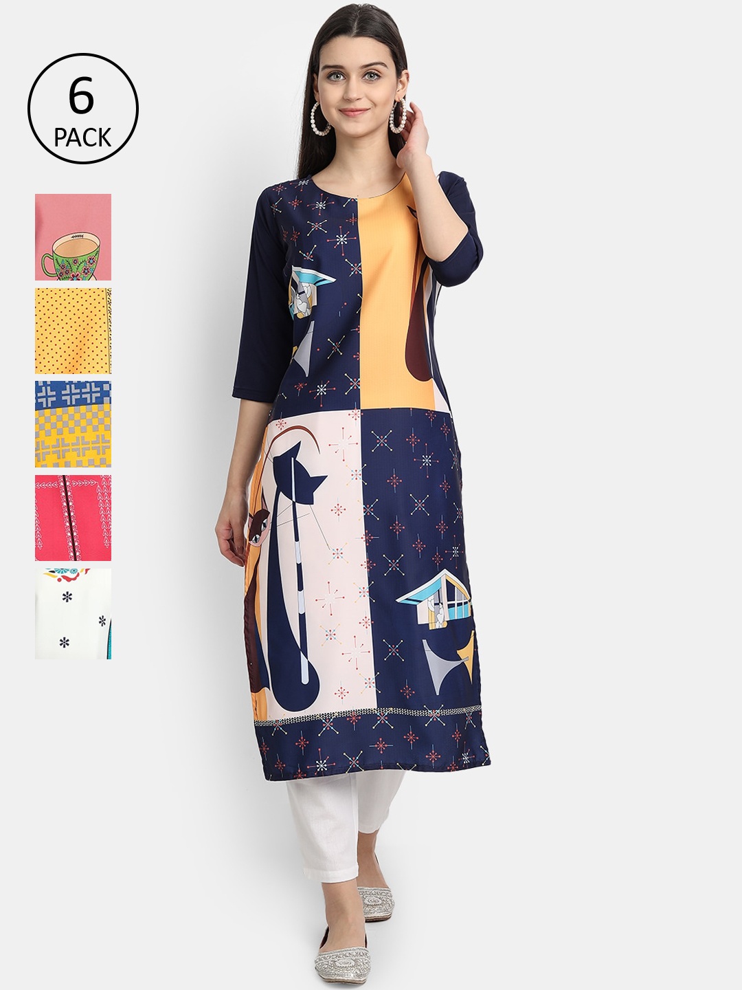 

7Threads Women Pack of 6 Ethnic Motifs Printed Crepe Kurta, Blue