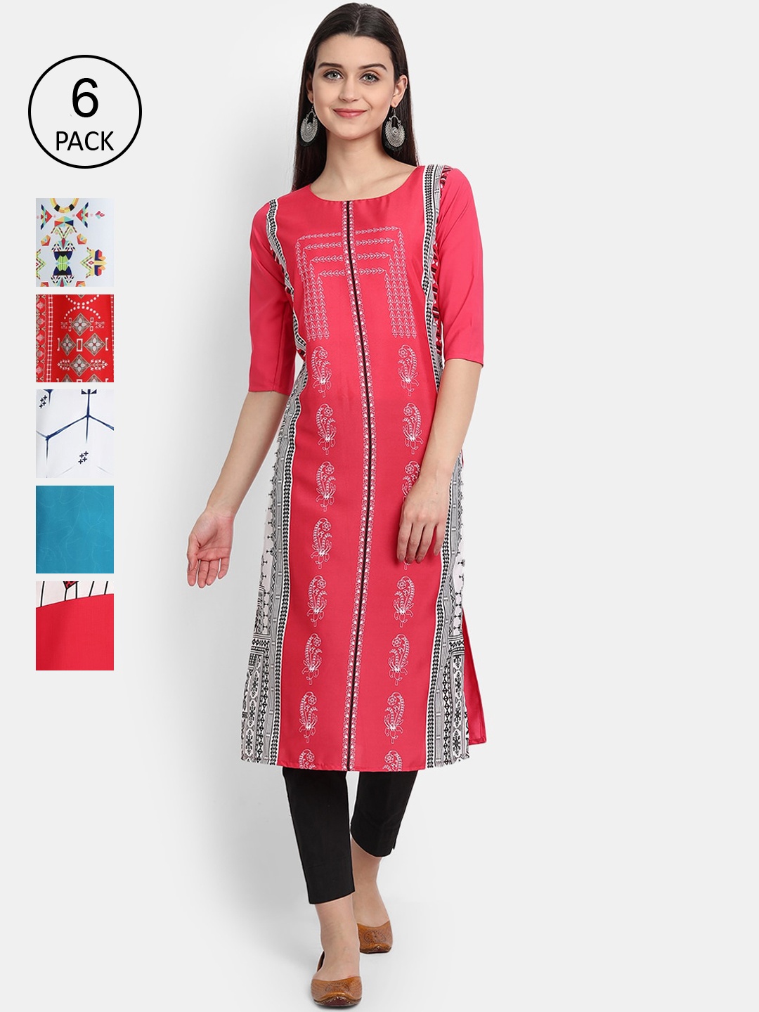 

7Threads Women Pack Of 6 Ethnic Motifs Printed Crepe Kurta, Red